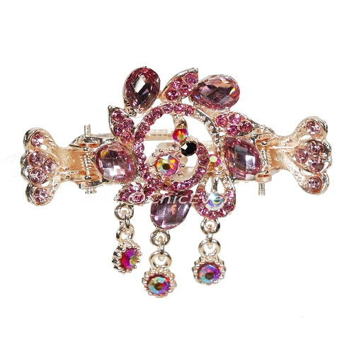 Haargreifer Blume&Pfau Haarspange Haarkneifer Haarklammer Metall & Strass rosa gold 4792b - zum Schließen ins Bild klicken